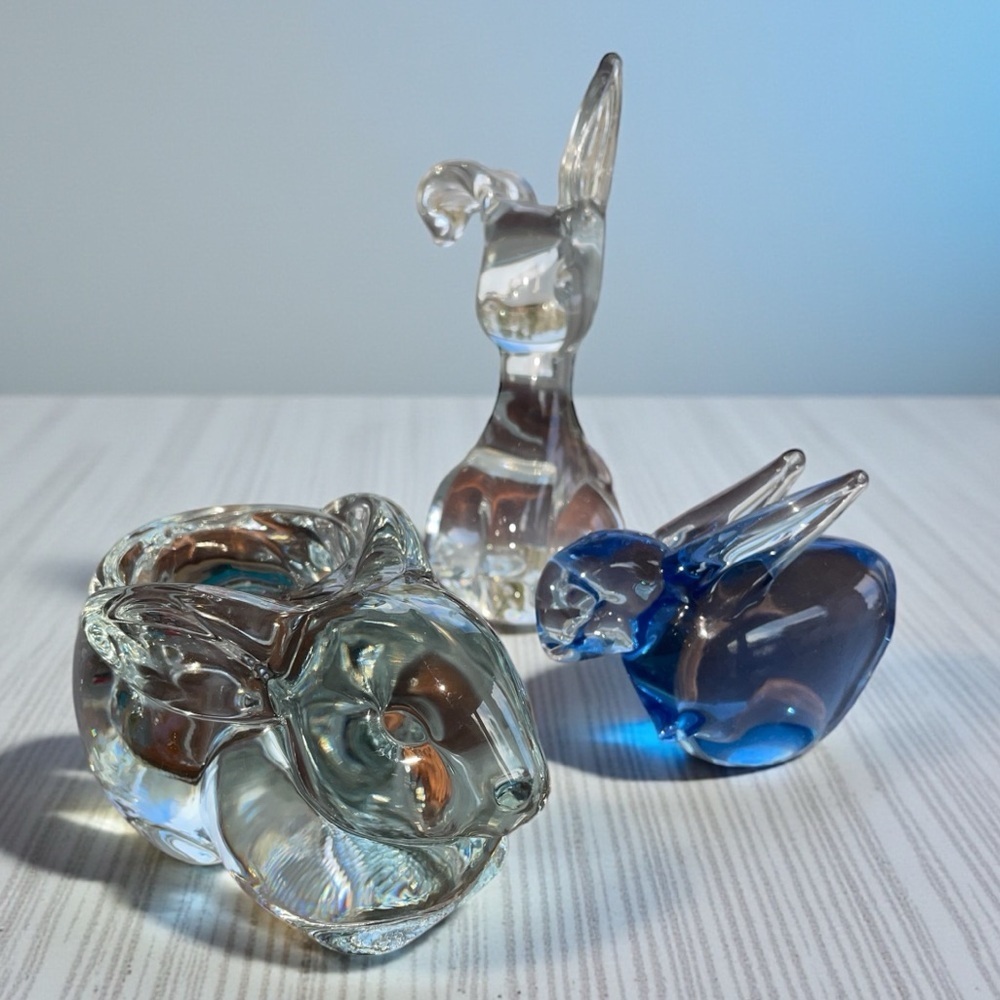 Set of 3 Crystal rabbits, one with floppy ear, one is sitting, one candle holder
